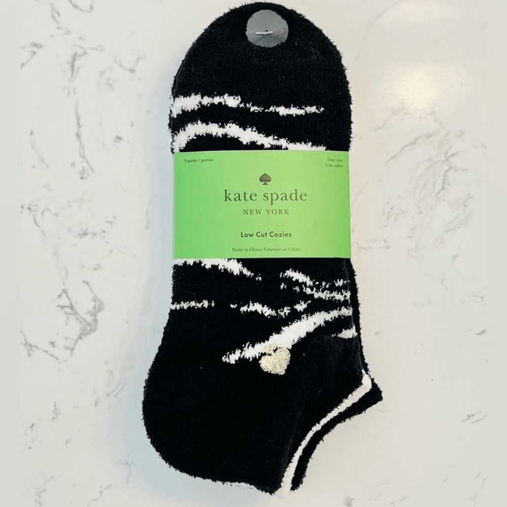 Kate Spade Low Cut Cozies Socks Black & White 3pk One Size Fuzzy NWT
